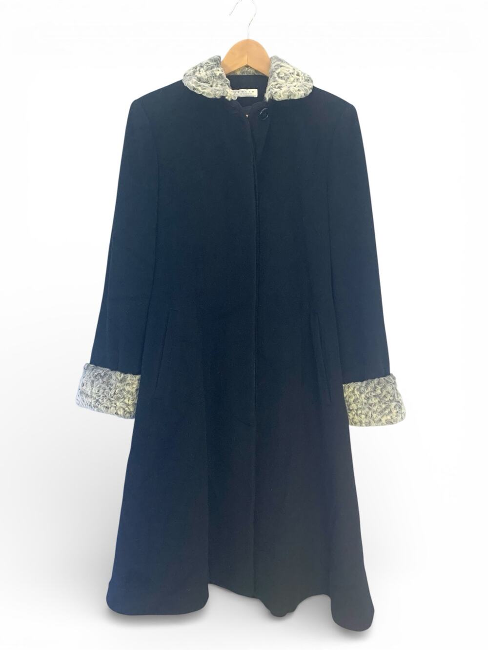 VINTAGE Perry Ellis Portfolio Black Wool Coat, Lamb Fur Cuffs Collar Women's S